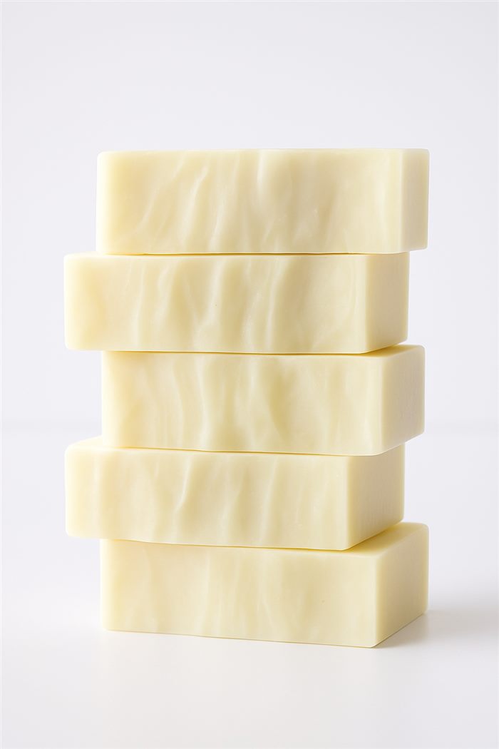 Stack of Bare Milk soap bars, natural cream colour
