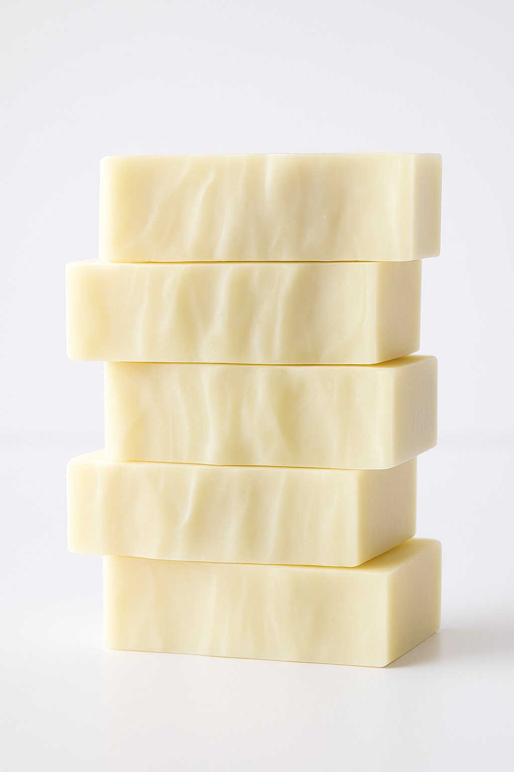 A stack of handmade Jupita Bare Milk soap bars, cream-colored with a soft natural wave texture