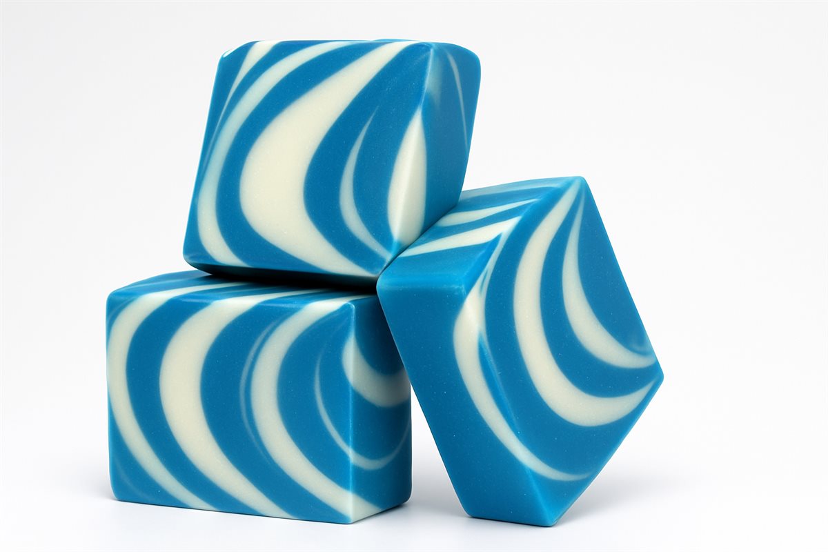 Three Ocean Blue soap bars grouped together, showing the blue and white swirl pattern